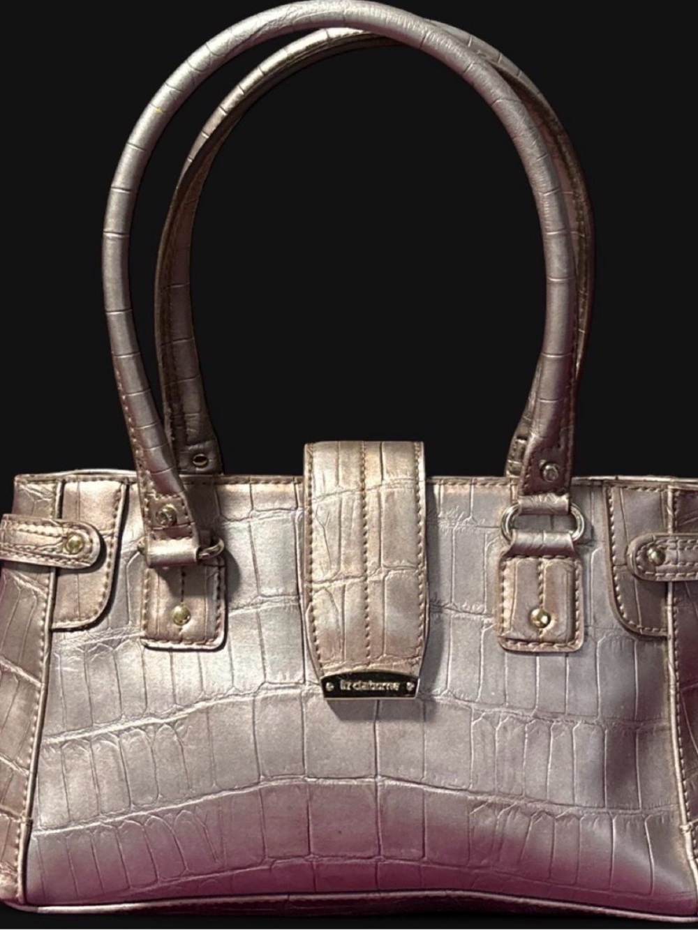 Liz Claiborne Metallic Croc-Embossed Shoulder Tote in Taupe